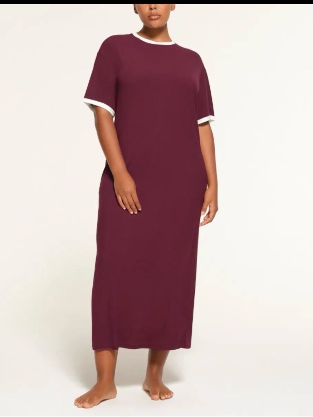 SKIMS Burgundy Maxi Dress with White Contrast Trim